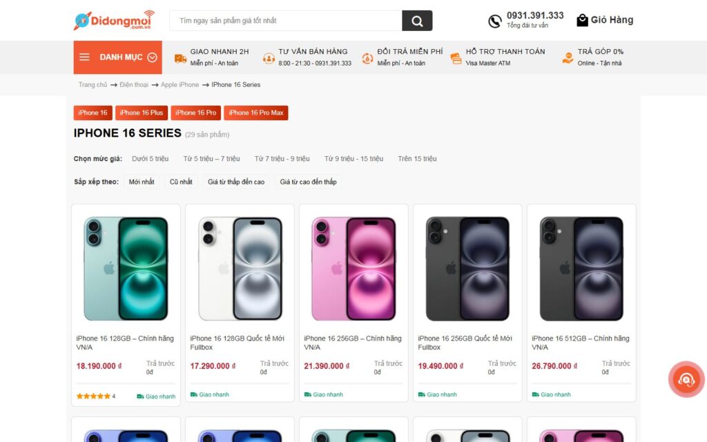 Danh mục iPhone 16 series với bộ lọc giá