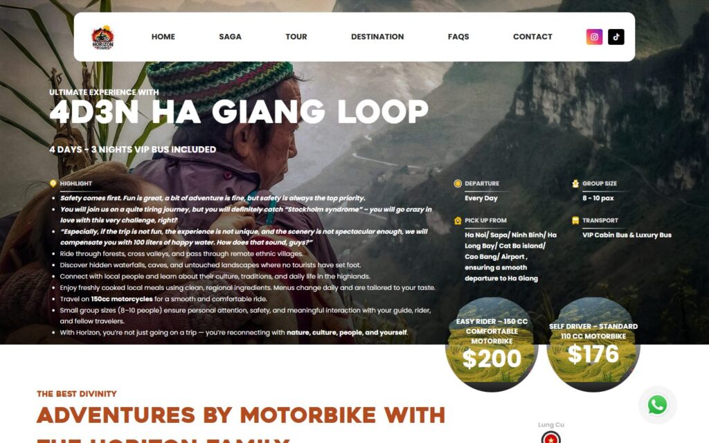 Trang tour: lịch trình từng ngày và form đặt tour