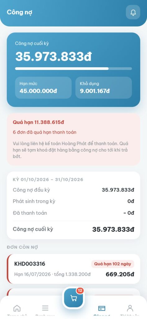 Công nợ: hạn mức, đơn quá hạn, kỳ đối soát