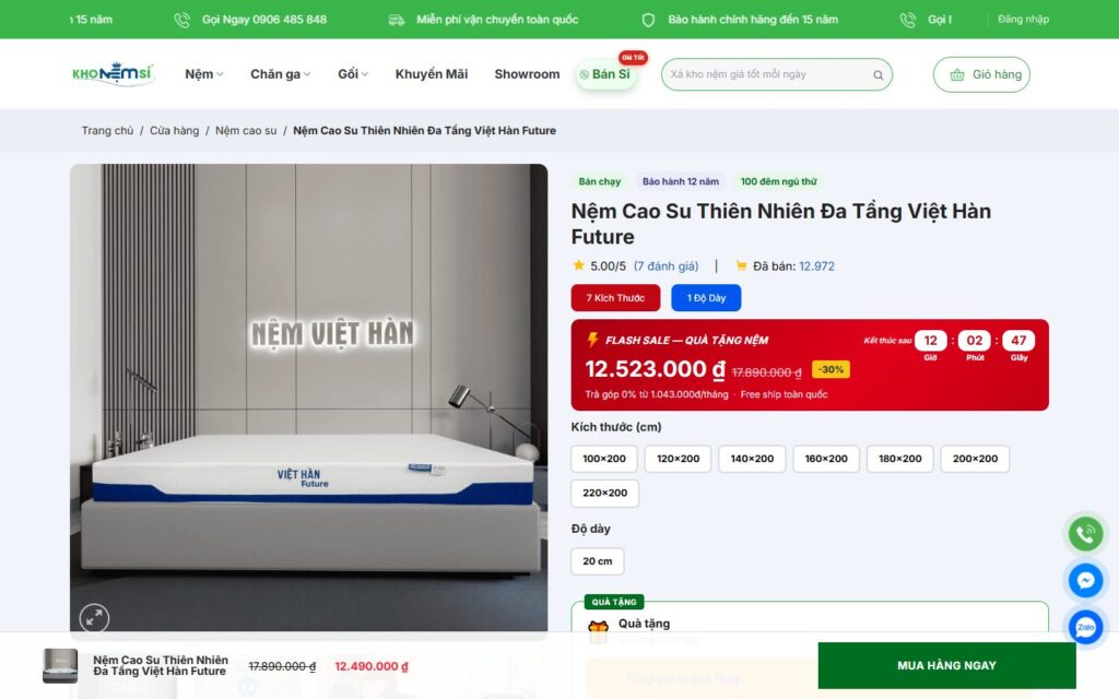 Trang sản phẩm: flash sale, chọn kích thước, độ dày