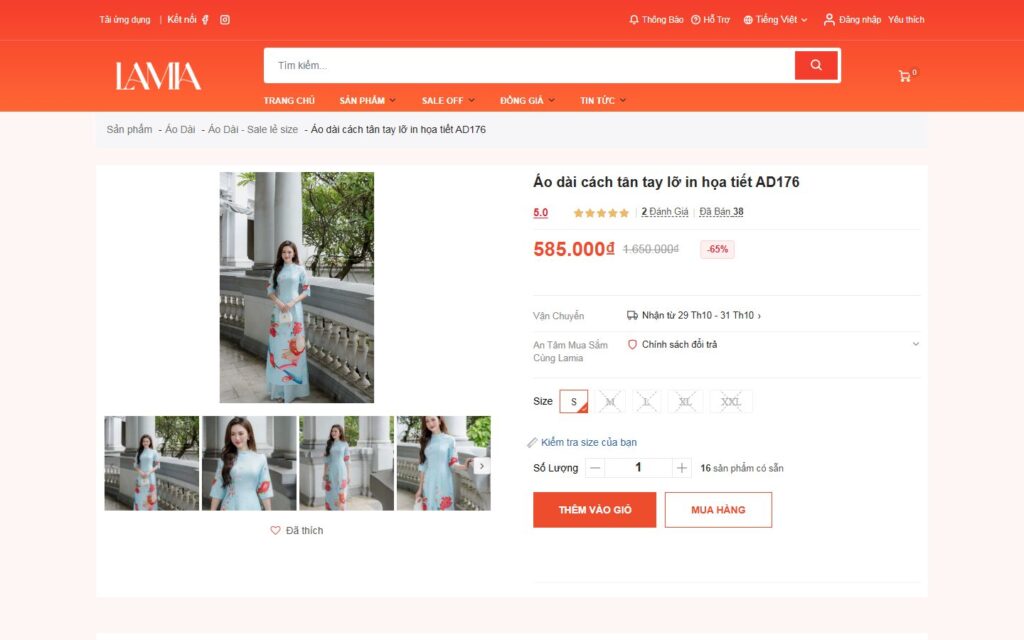Trang sản phẩm: chọn size, số lượng, mua ngay