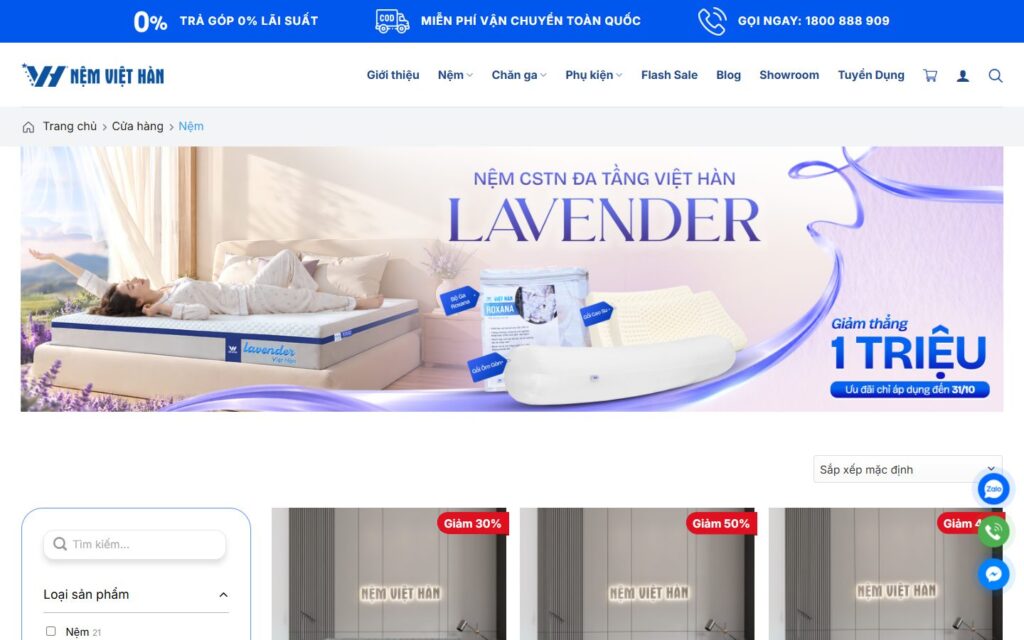 Danh mục nệm với bộ lọc loại, kích thước, giá