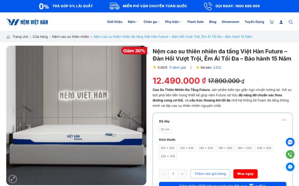 Trang sản phẩm: chọn độ dày, kích thước, mua ngay