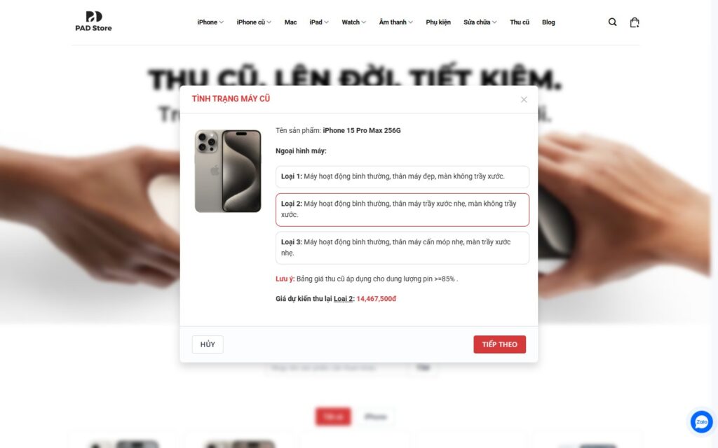 Chọn tình trạng máy, hiện giá dự kiến