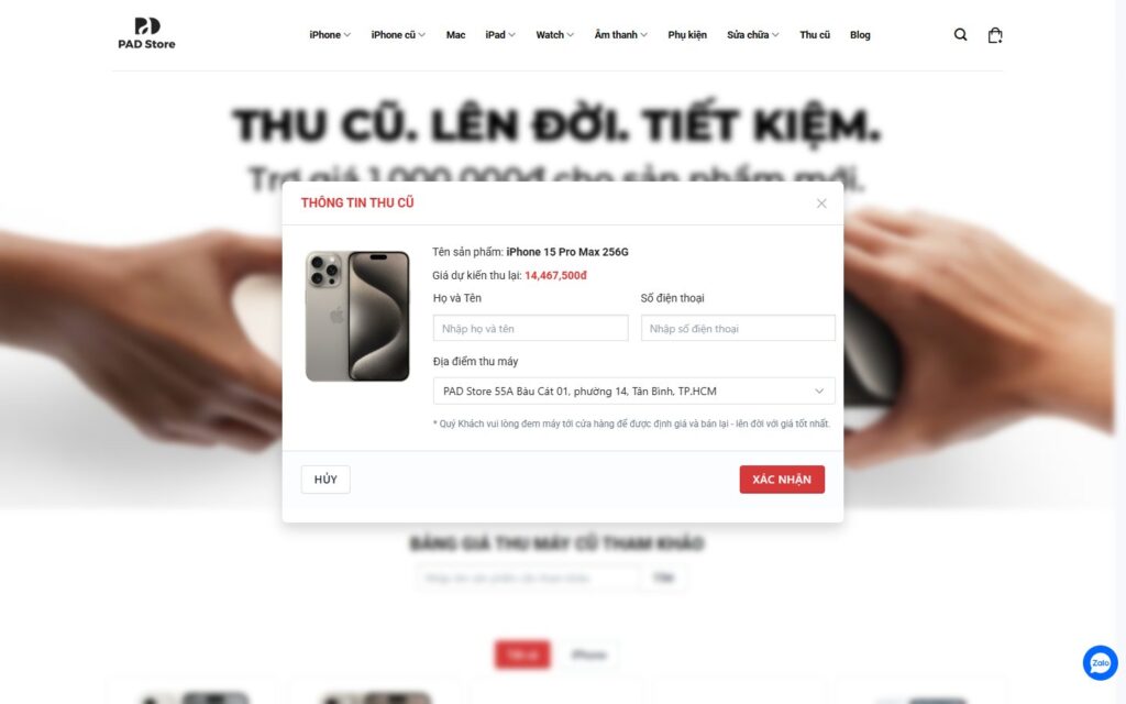 Để lại thông tin, chọn cửa hàng thu máy