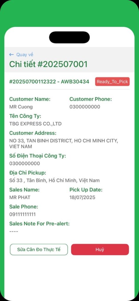 Chi tiết lệnh: địa chỉ lấy, người gửi, loại hàng