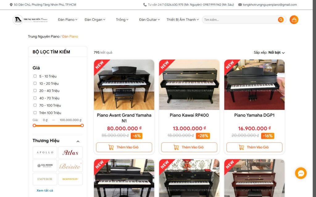 Danh mục đàn piano với bộ lọc giá, thương hiệu